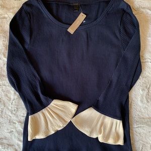 J. Crew Women’s Navy Blue Shirt With Ivory Ruffle Cuff Size:Large